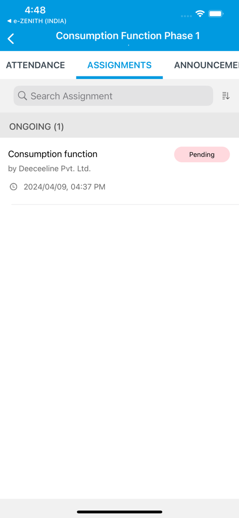 Deeceeline - Mobile interface of the Deeceeline app showing the assignments tab with a pending task for the consumption function course.