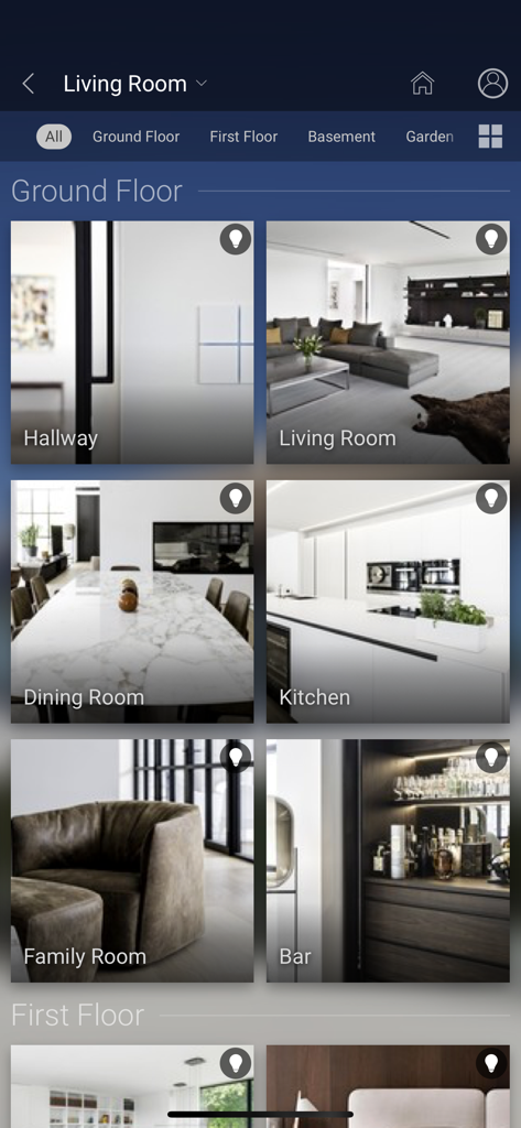 Basalte Home app dashboard displaying a grid of rooms for integrated smart home control.