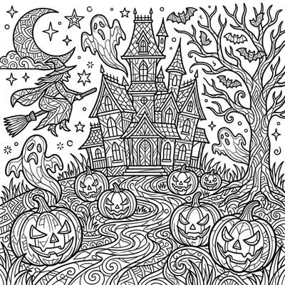 Get ready for a hauntingly fun Halloween with this intricate Black Ice coloring page. Featuring a grand haunted house, flying witch, playful ghosts, and grinning jack-o'-lanterns, it's a perfect blend of spooky and creative fun.
