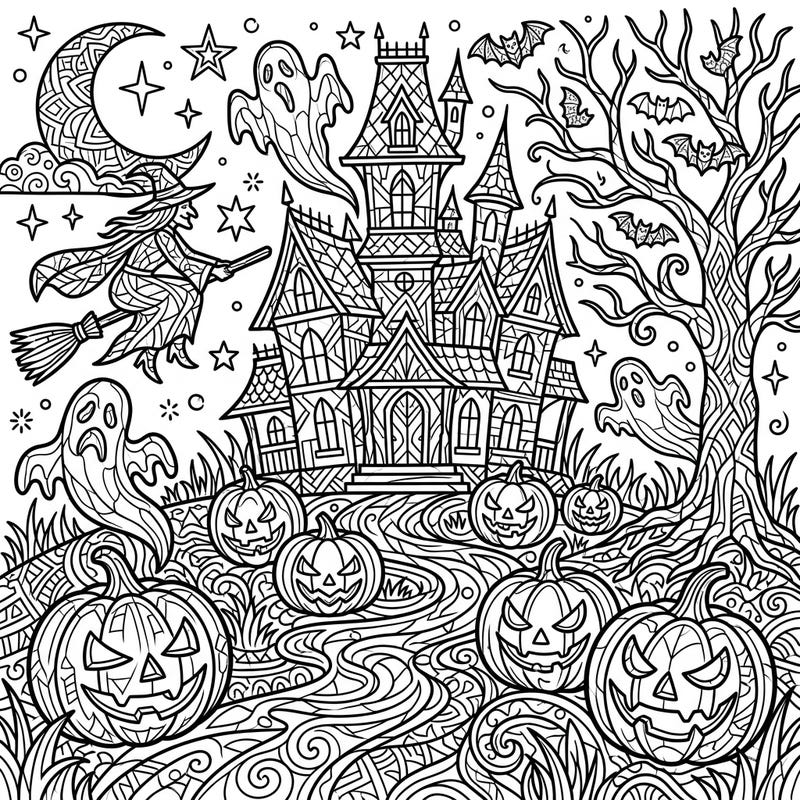 Get ready for a hauntingly fun Halloween with this intricate Black Ice coloring page. Featuring a grand haunted house, flying witch, playful ghosts, and grinning jack-o'-lanterns, it's a perfect blend of spooky and creative fun.