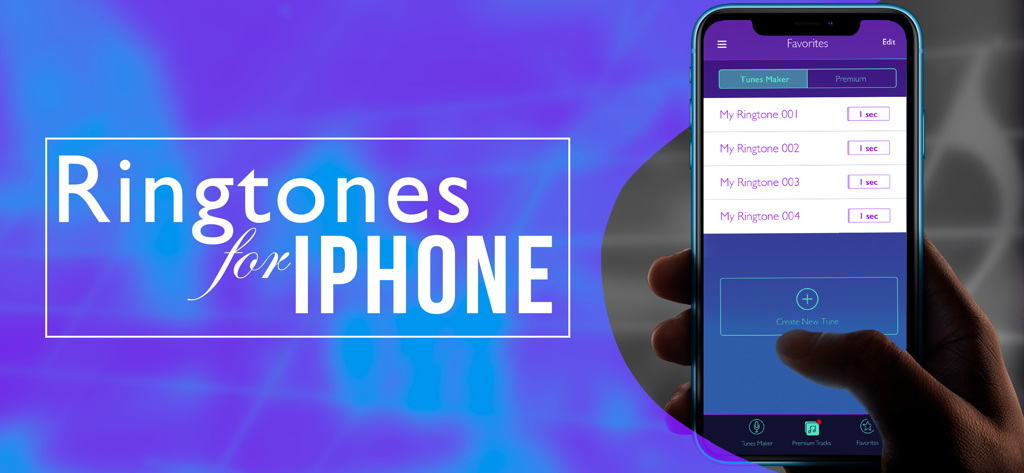 Ringtones for iPhone: Infinity - Una mano che tiene un iPhone che mostra l'elenco dei Preferiti e la funzione 'crea nuova melodia' dell'app Suonerie per iPhone Infinity