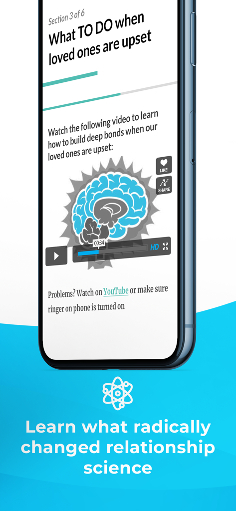 In Love while Parenting - Pantalla de la aplicación Enamorados mientras criamos con una lección en video sobre ciencia de las relaciones acerca de cómo construir vínculos profundos cuando los seres queridos están molestos.