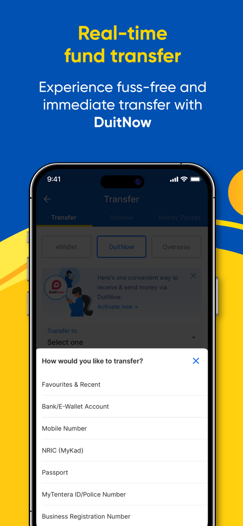 Touch n Go eWallet real time fund transfer interface featuring DuitNow options