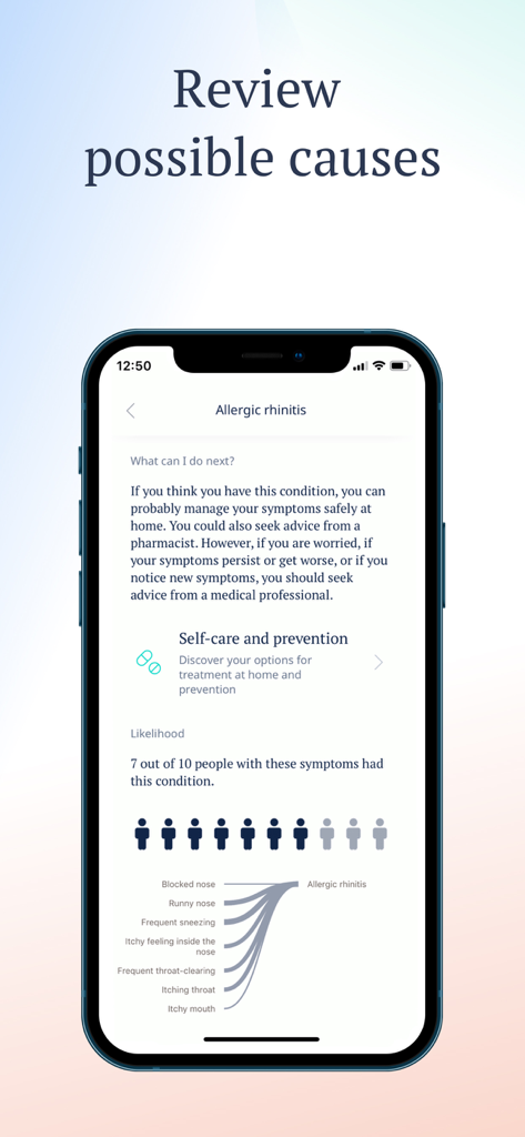 Ada health app interface showing a medical assessment report for allergic rhinitis with likelihood statistics and symptom mapping.