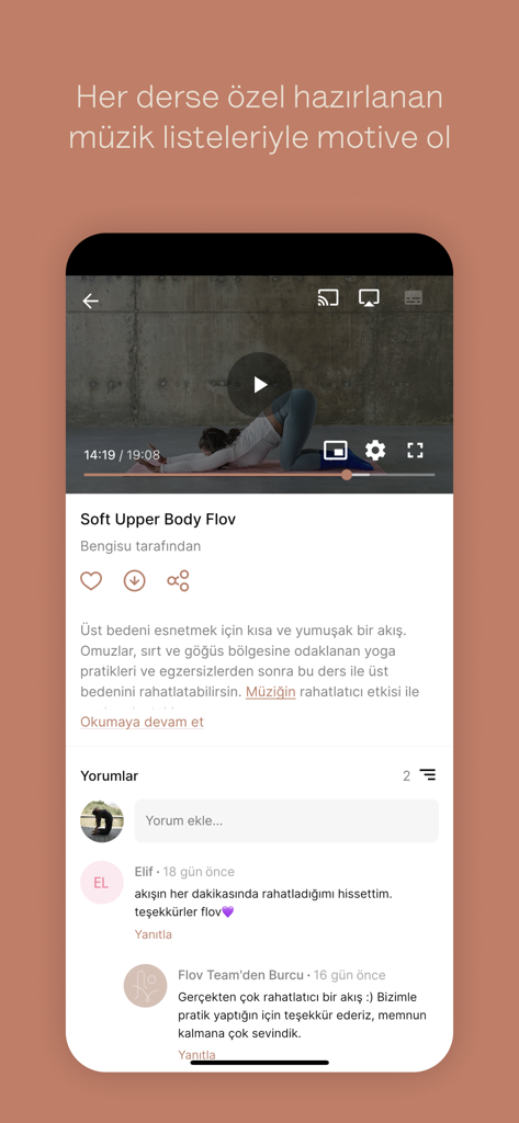 Interface of the Flov Studio app showing a yoga video lesson titled Soft Upper Body Flov with a community comments section below.