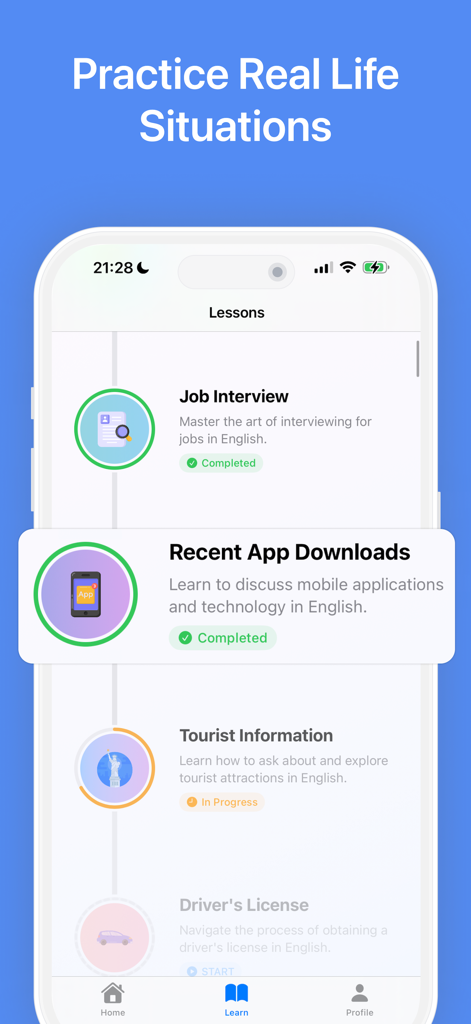 Fluent AI: Learn English - English speaking lessons for real-life situations including job interviews and tourist information in the Fluent AI app.