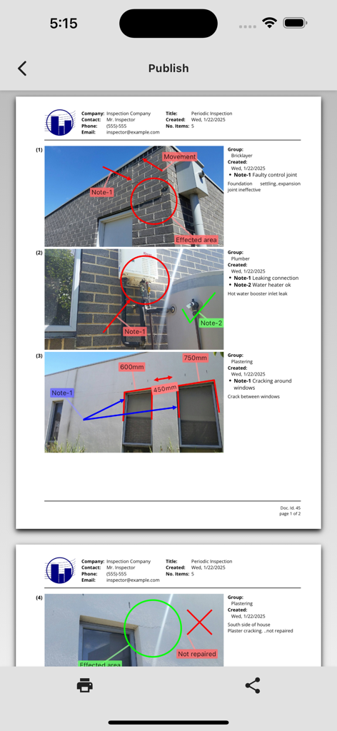 Report and Run - Una vista previa de un informe de inspección profesional en PDF con fotos anotadas y medidas