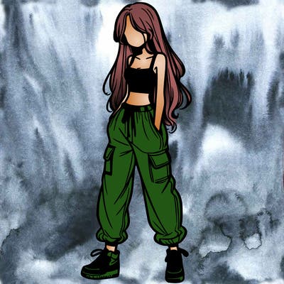 girl in baggy pants crop top and long hair