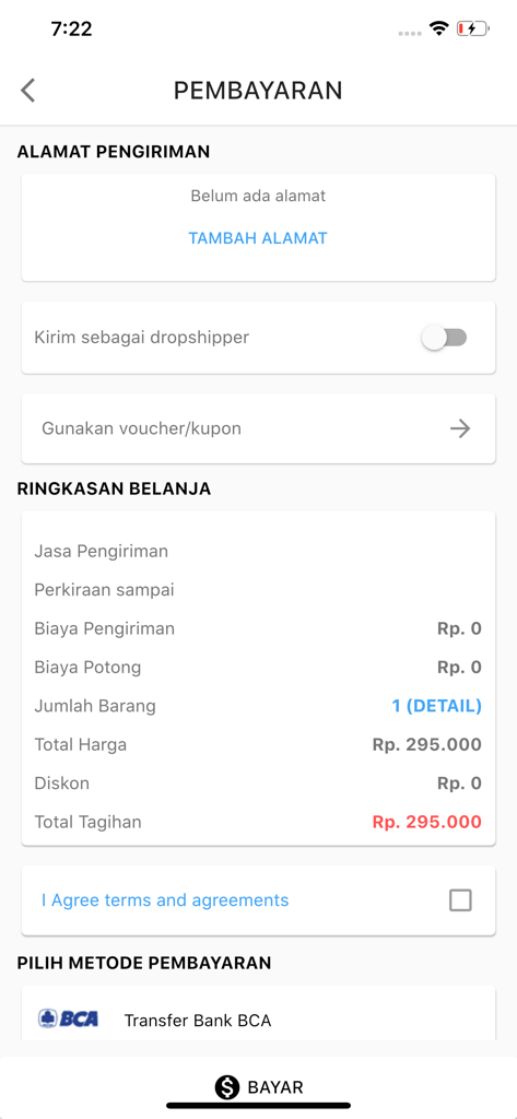ZB - A mobile app checkout screen showing the order summary, shipping address section, and bank transfer payment option.