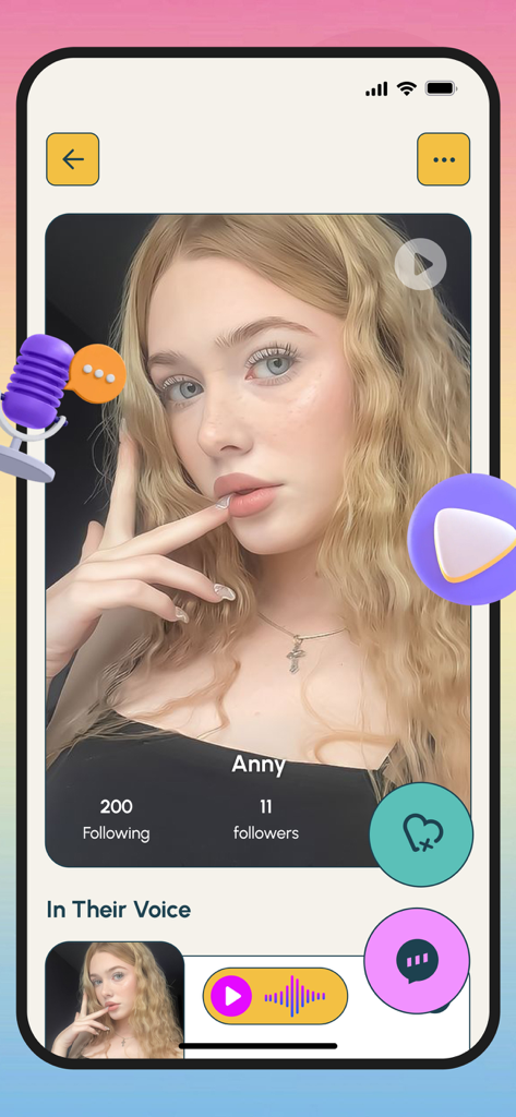 Joliy - Adult & Online Chat - Mobile app interface of Joliy showing a user profile with a voice message player and social interaction buttons