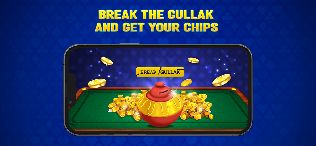 Octro Indian Rummy - A smartphone showing the break the gullak feature to earn chips in Octro Indian Rummy.
