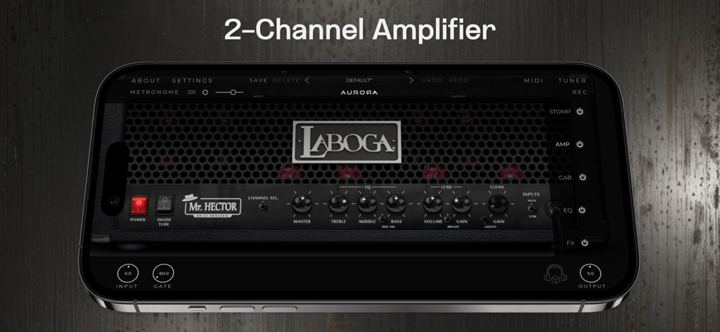 Laboga Mr Hector - Amp Sim - Laboga Mr Hector 2チャンネルアンプシミュレーターのインターフェース、コントロールノブを表示