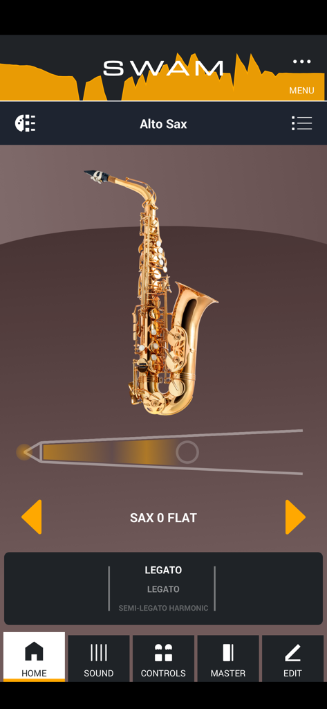 The home screen of the SWAM Alto Sax mobile app featuring a virtual saxophone and professional music production controls