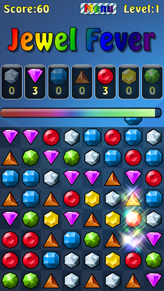 Jewel Fever - Colorful jewel matching grid in the Jewel Fever mobile puzzle game
