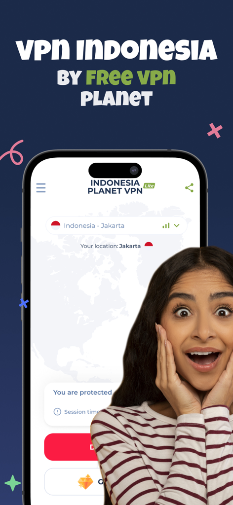 興奮した女性が前景にいる、ジャカルタサーバーに接続されたVPNインドネシアアプリのインターフェースを表示するスマートフォン
