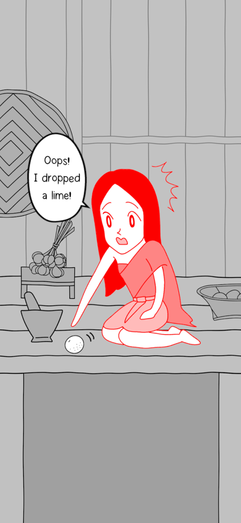 KUUKIYOMI THAILAND - Ilustración minimalista de un personaje con traje tailandés dejando caer una lima.