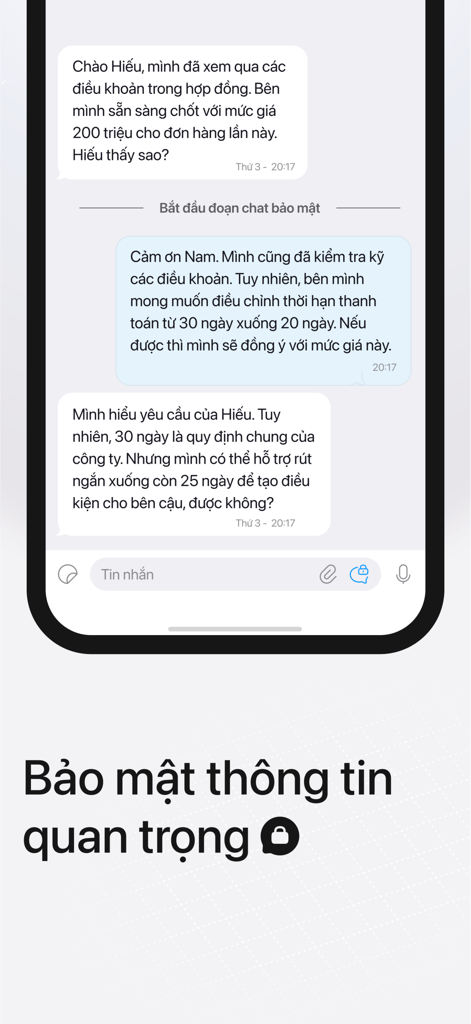 Lotus Chat mobile app interface showing a secure business conversation in Vietnamese with a focus on information privacy.