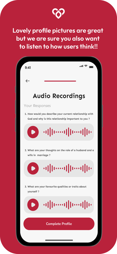 Nexus Godly Dating app interface showing audio recordings for faith and marriage questions