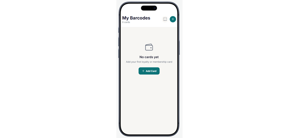 My Barcode Cards - Empty home screen of My Barcode Cards app showing a button to add your first loyalty or membership card