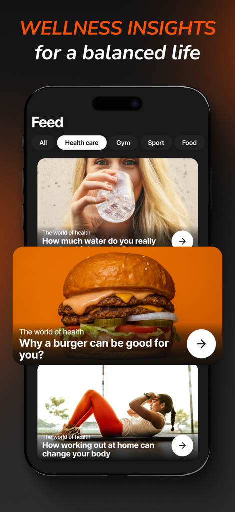 ChAthlete・AI Fitness Coach App - Il feed degli approfondimenti sul benessere dell'app ChAthlete mostra articoli su idratazione, nutrizione e allenamenti a casa