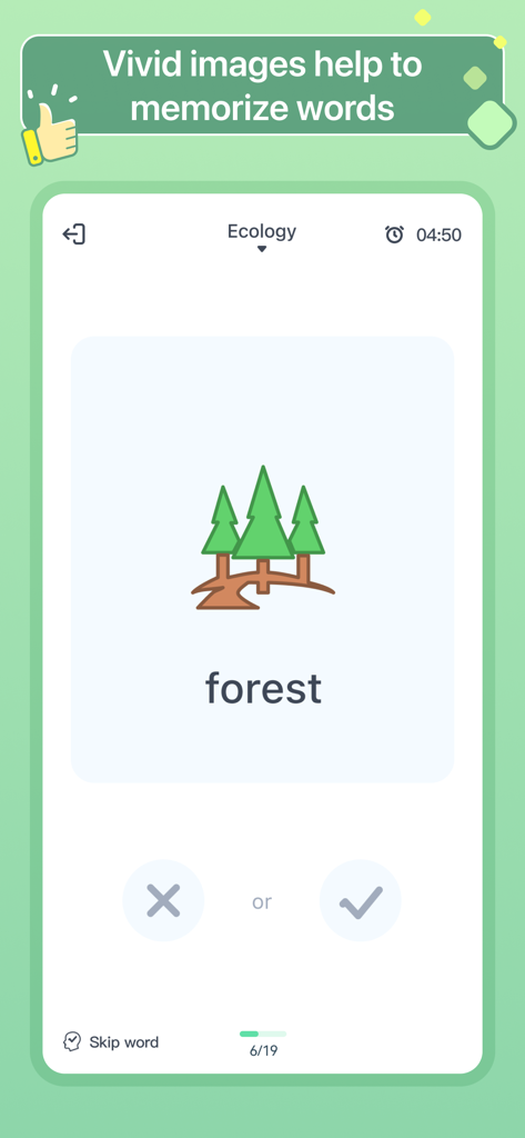 HelloWords Learn Languages Fun - HelloWords app interface showing a forest illustration to help memorize vocabulary words