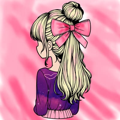 realistic girl  with hip length hair a bun and a big bow on the back of head