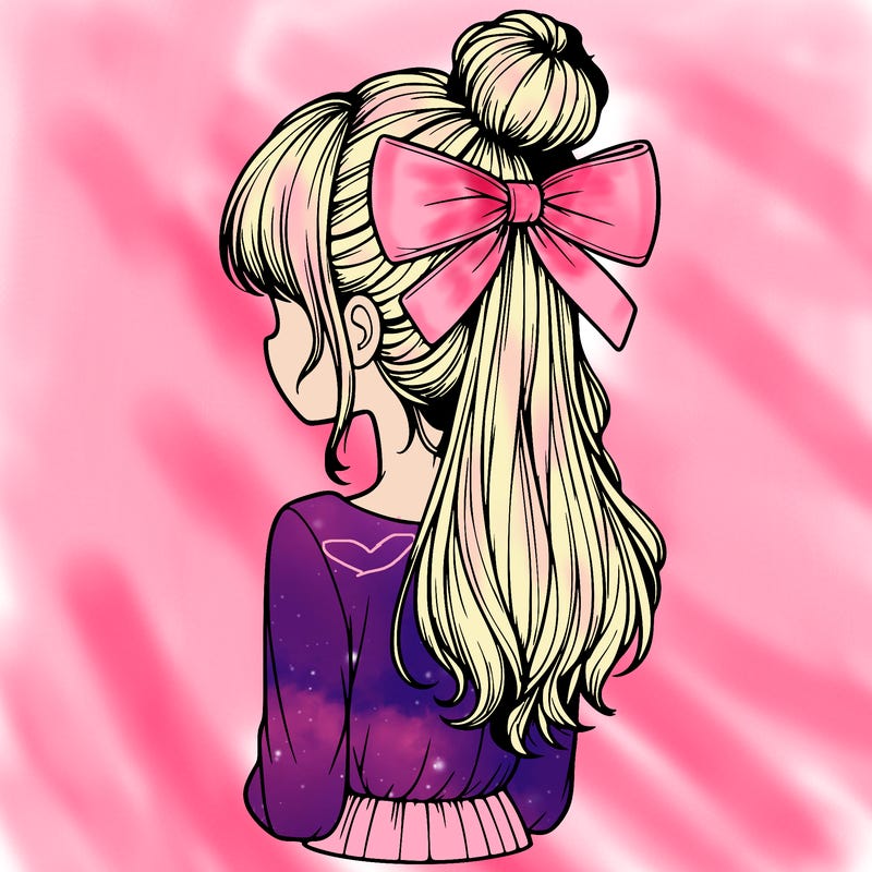 realistic girl  with hip length hair a bun and a big bow on the back of head