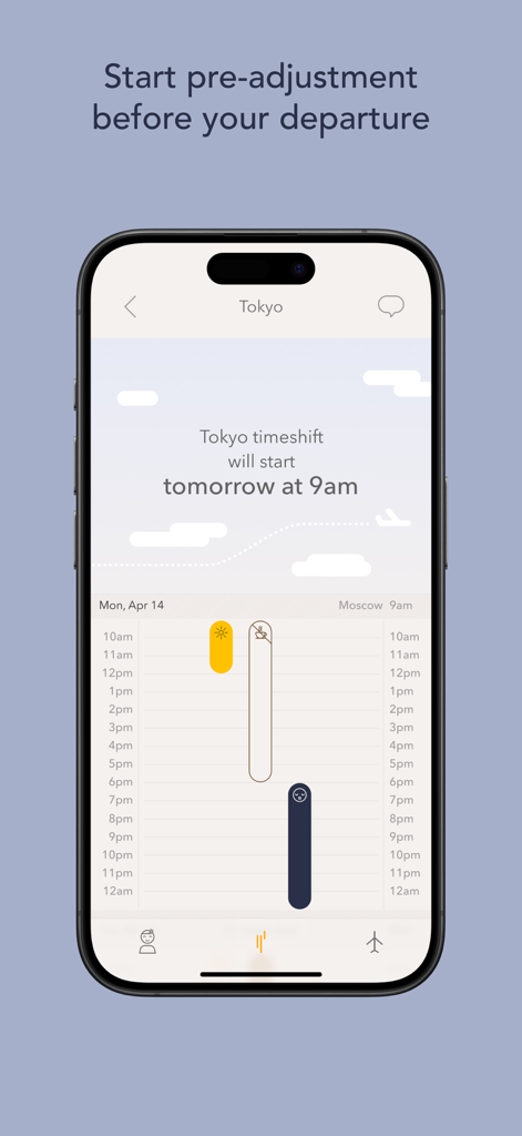Timeshifter app screen showing a pre-travel adjustment schedule for a flight to Tokyo with light and sleep recommendations