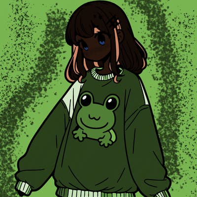 girl wearing frogging sweatshirt