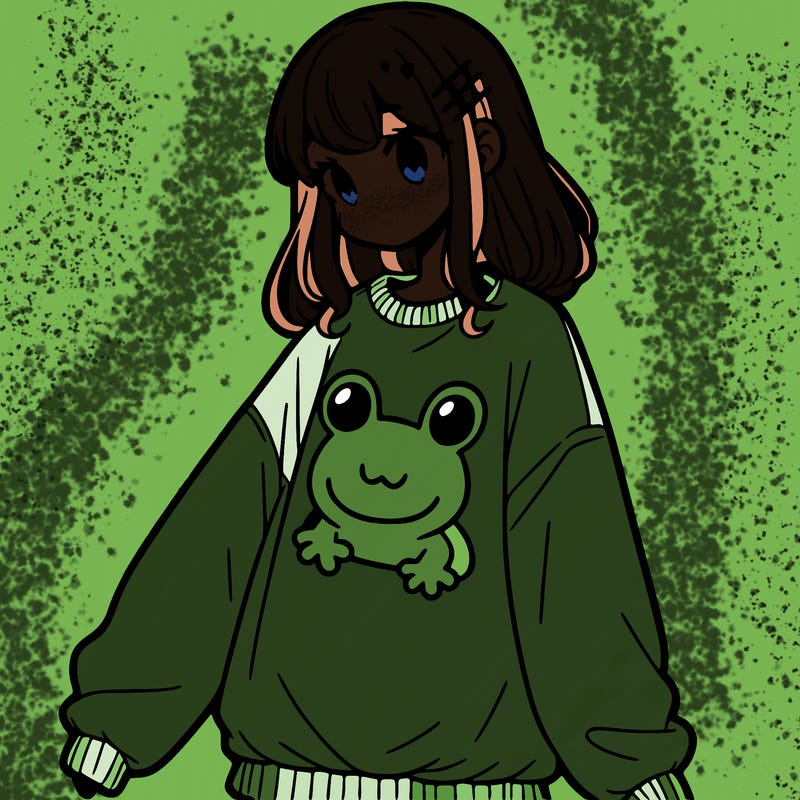 girl wearing frogging sweatshirt