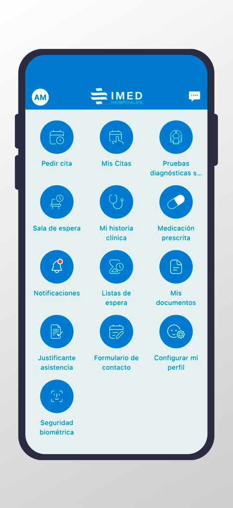 Panel principal de la aplicación IMED Hospitales con iconos de gestión médica como citas e historial clínico