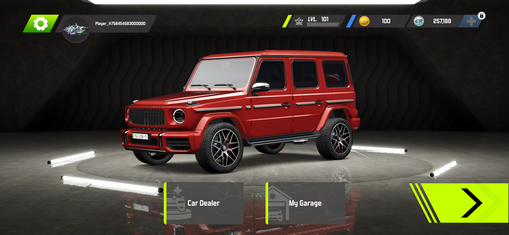 SlickTires Racing - Red luxury SUV inside the garage menu of SlickTires Racing