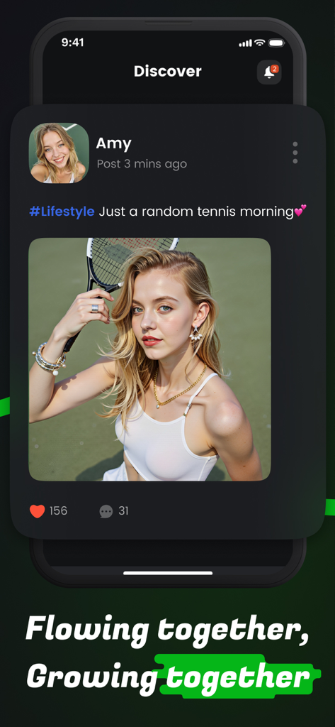 Fierr: Where Flow Meets People - Fierr app interface showing a social media post of a woman playing tennis