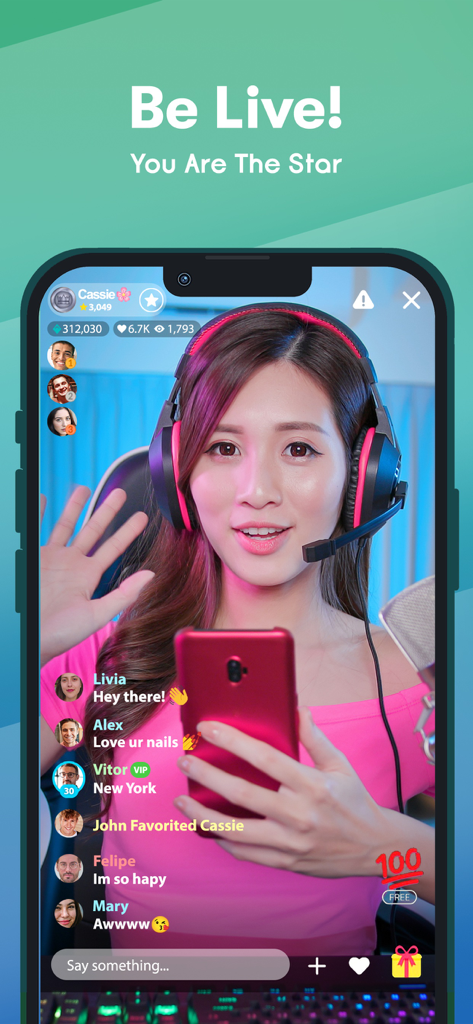 Una mujer con auriculares para juegos usando la función de transmisión en vivo en la aplicación de mensajería Kik.