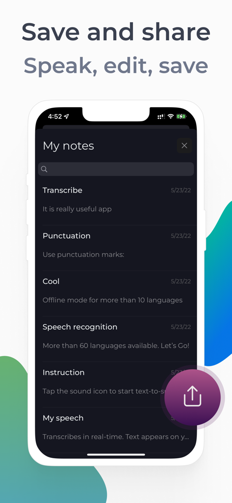 Transkriptor Voice To Text - iPhone screen displaying the My Notes section of the Transkriptor app with various saved voice-to-text entries and a share icon.