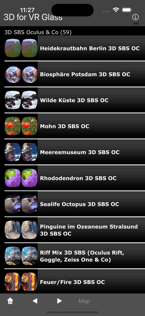 3D for VR Glass - A menu list of 3D side-by-side videos and photos for VR headsets within the 3D for VR Glass app