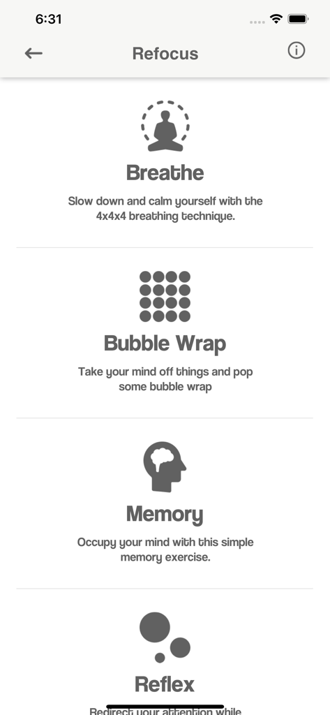Nomo -  Sobriety Clocks - Screenshot of the Nomo app Refocus screen showing distraction exercises like breathing and memory games to help manage cravings.