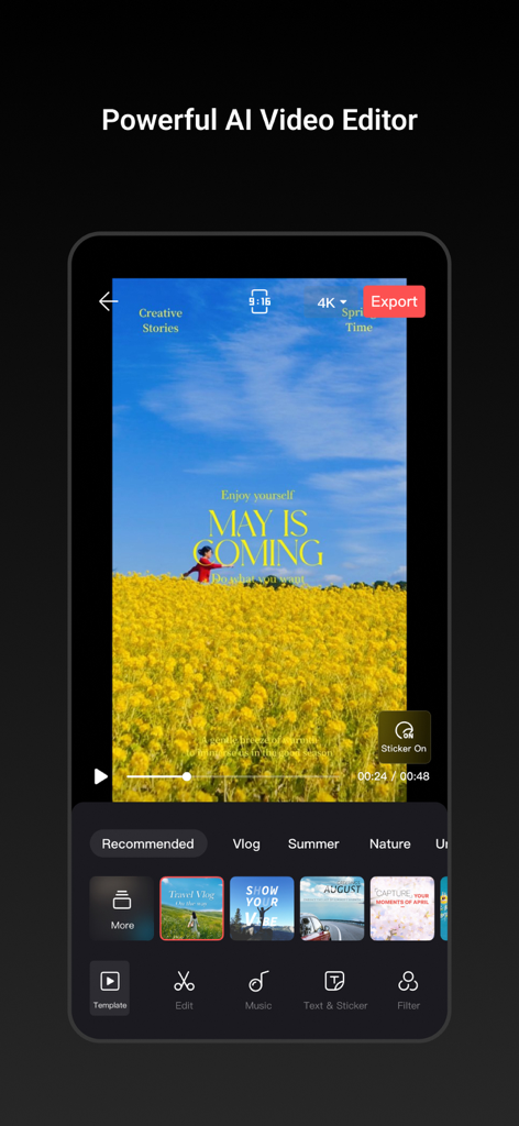 Interfaccia dell'app mobile DJI Mimo con l'editor video AI che mostra modelli di vlog e sovrapposizioni di testo
