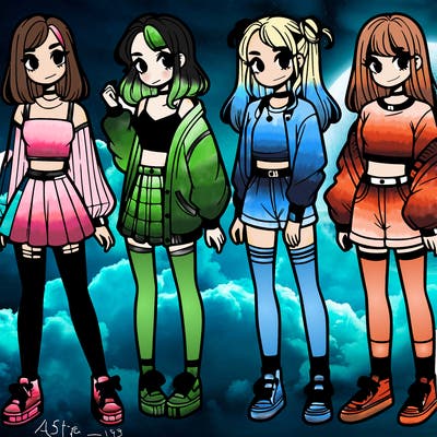 one girl with crop-top shirt and a jacket with a skirt, long socks and another girl with a shirt and pants with a jacket