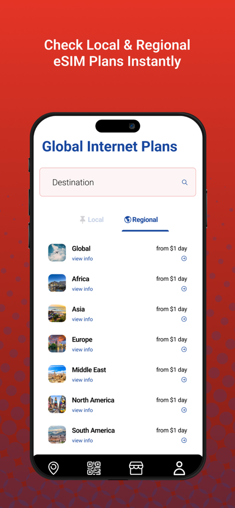 L2 Travel SIM mobile app interface showing regional data plans for Africa Asia Europe and other continents starting from one dollar per day