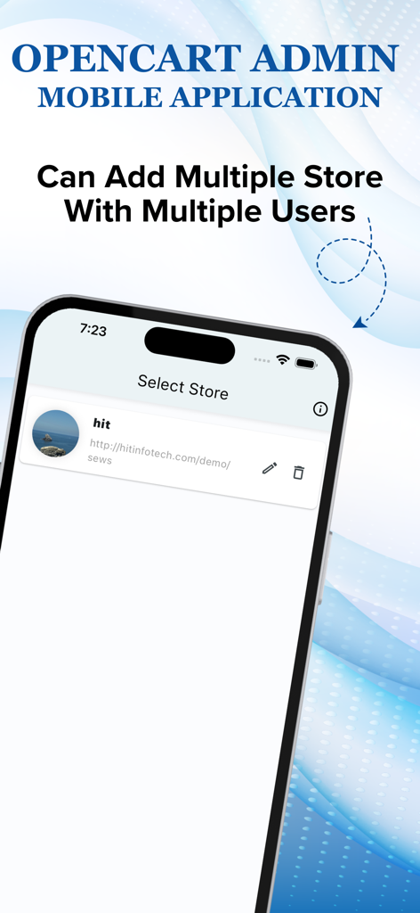 Opencart Admin Mobile App. - Opencart Admin Mobile App-Bildschirm, der die Multi-Store-Management-Funktion anzeigt
