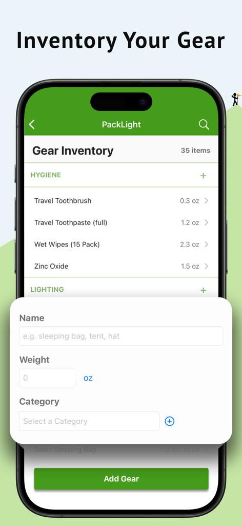 PackLight app screen for inventorying backpacking gear by name and weight.