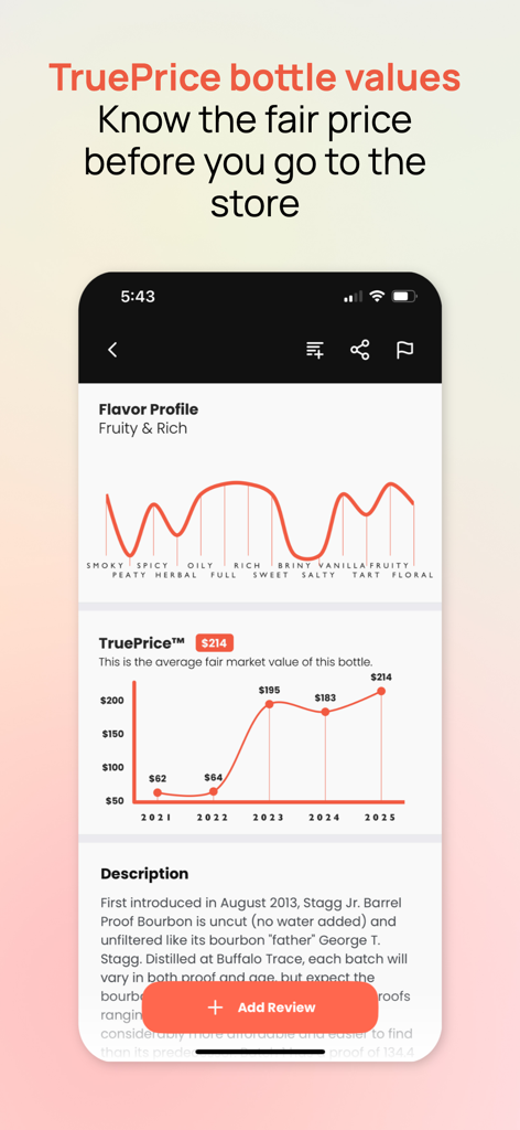 Distiller - Liquor Reviews - Tela do aplicativo Distiller mostrando o gráfico de perfil de sabor de destilados e o histórico de valor de mercado justo TruePrice.