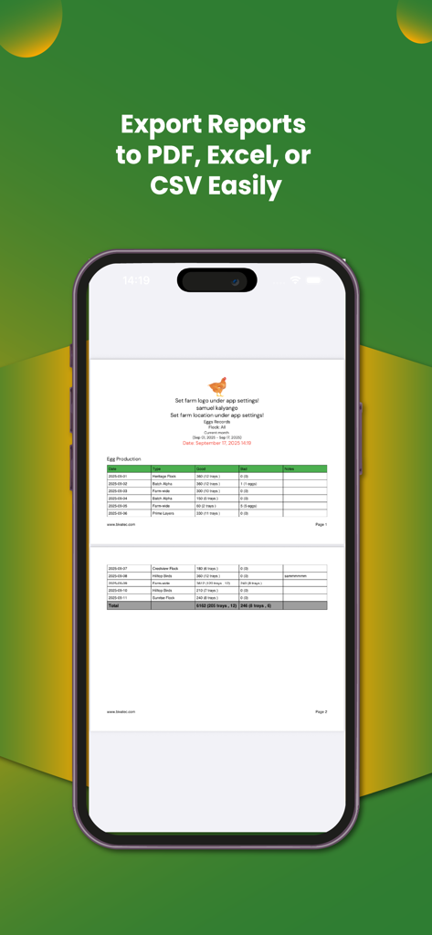 Una captura de pantalla que muestra informes de producción de huevos listos para exportar a PDF y Excel dentro de la aplicación My Poultry Manager.