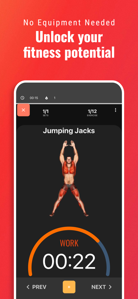 BeStronger Home workouts - La app BeStronger mostrando el ejercicio de jumping jacks con mapa de activación muscular y temporizador de entrenamiento