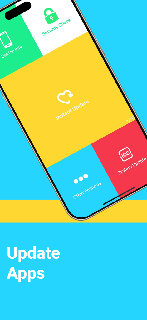 Interface principal do Gerenciador de Atualizações de Apps mostrando blocos coloridos para atualizações instantâneas e verificações de segurança