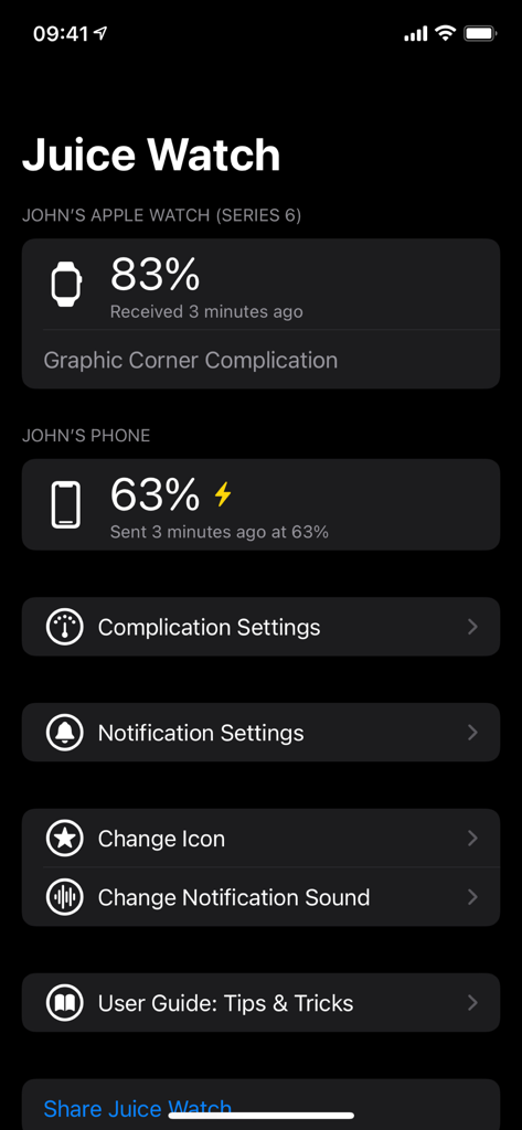 Juice Watch app interface displaying battery status for Apple Watch and iPhone.