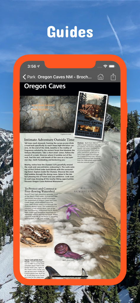 Oregon Pocket Maps - A smartphone screen showing a digital guide for Oregon Caves National Monument within the Oregon Pocket Maps app, featuring photos of the chateau and local wildlife.