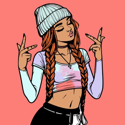 realistic teenage girl with braids and a beanie and crop top doing 🫶🏼