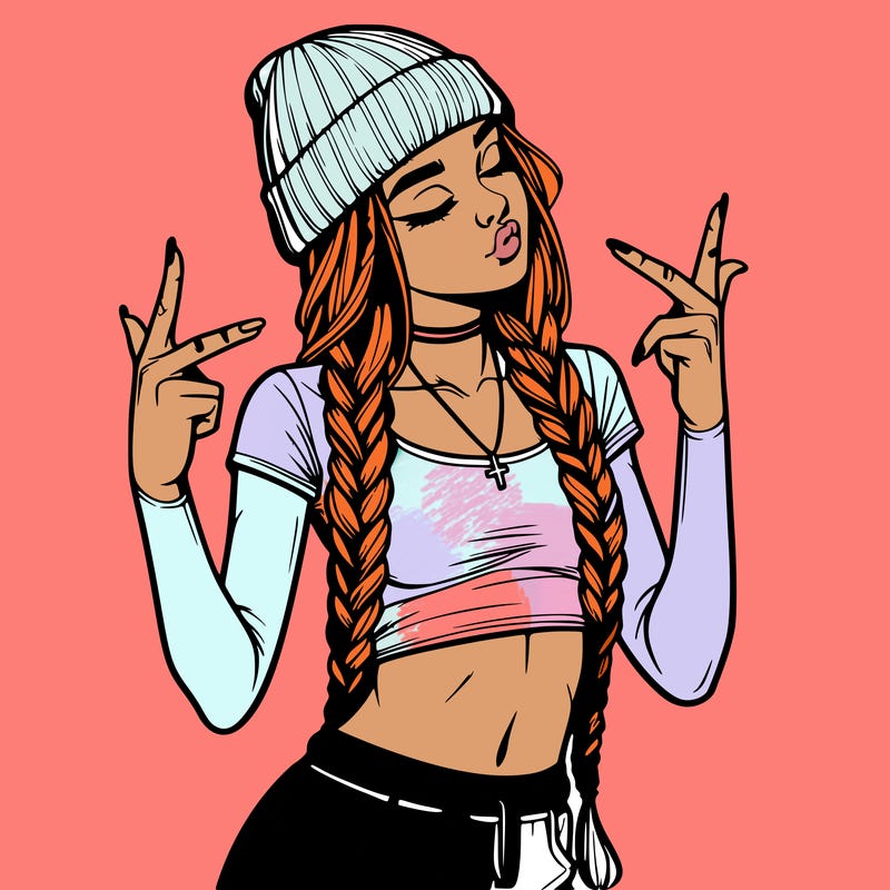 realistic teenage girl with braids and a beanie and crop top doing 🫶🏼